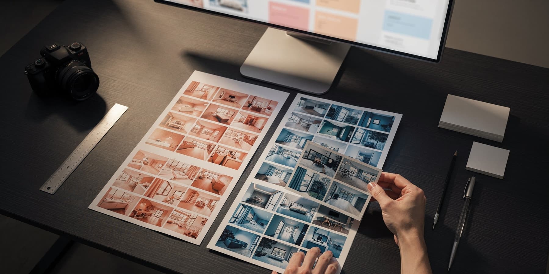 Two color-coded lanes of property contact sheets on a real estate photographer's editing desk