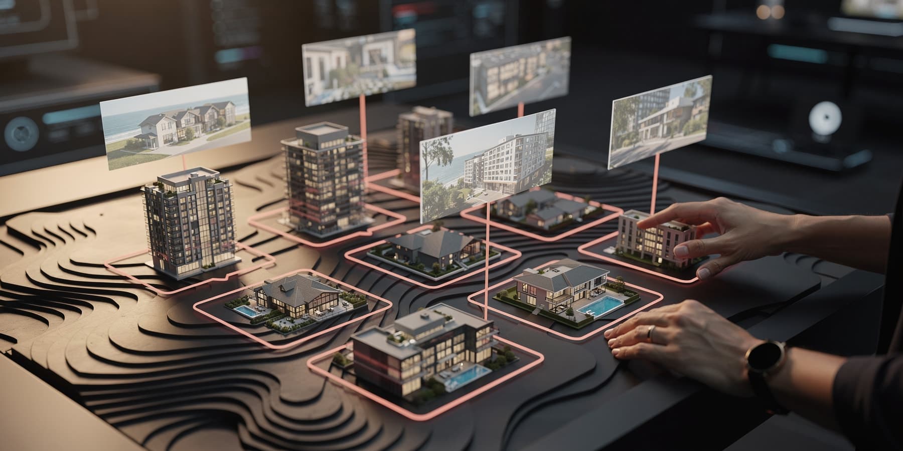 Miniature properties and image cards connected across an illuminated portfolio workflow map