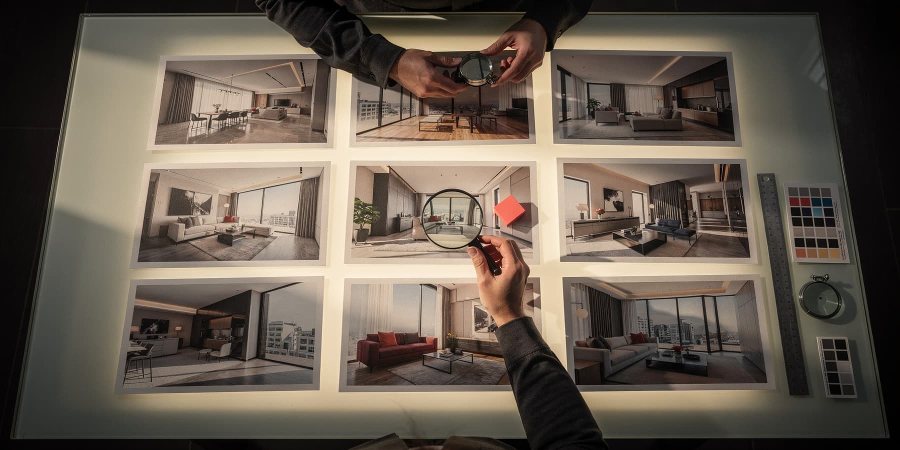 Hands inspecting a grid of property photographs with loupes on a backlit quality control table