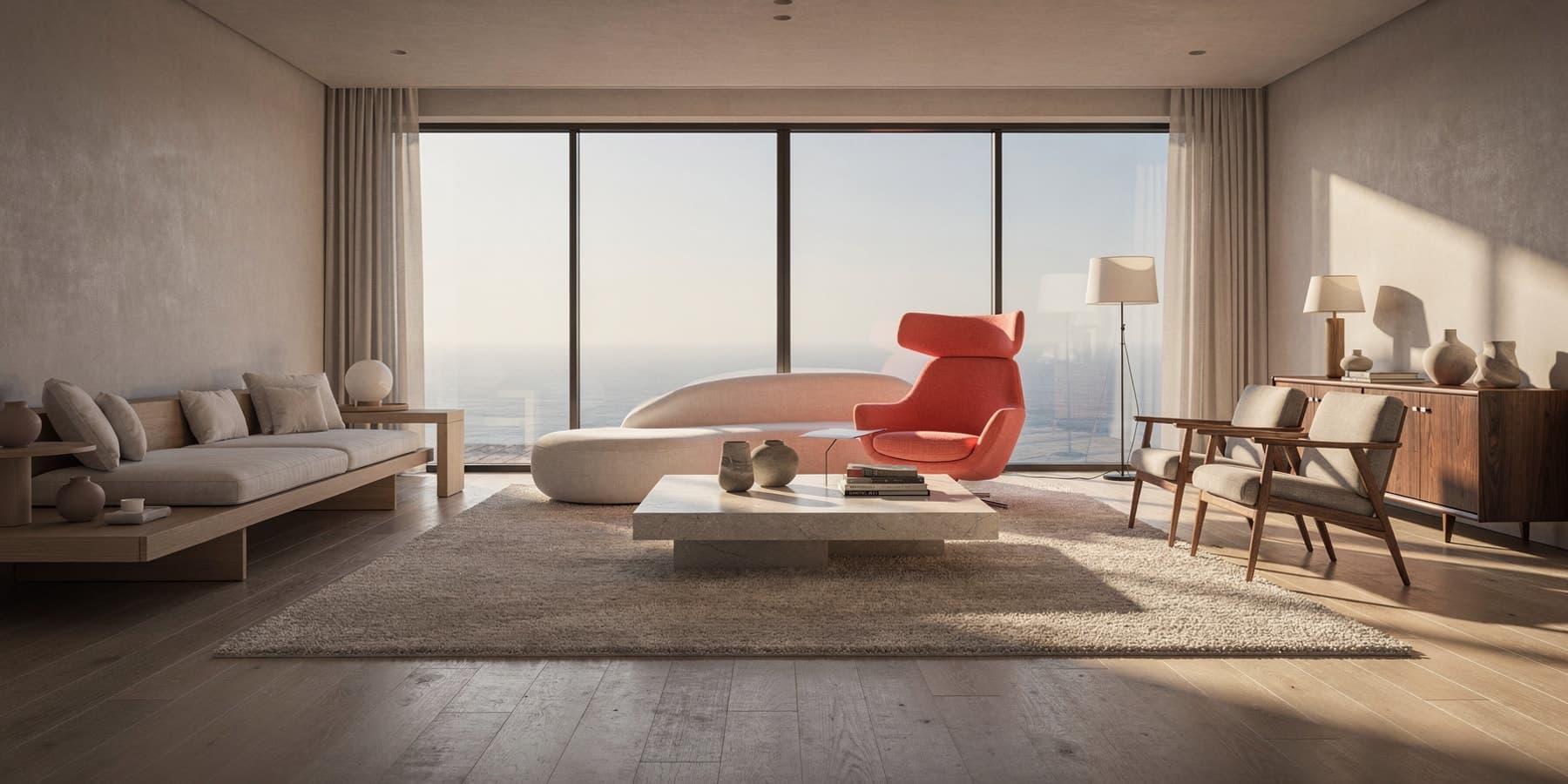 Sunlit living room blending Japandi, contemporary, and mid-century virtual staging styles