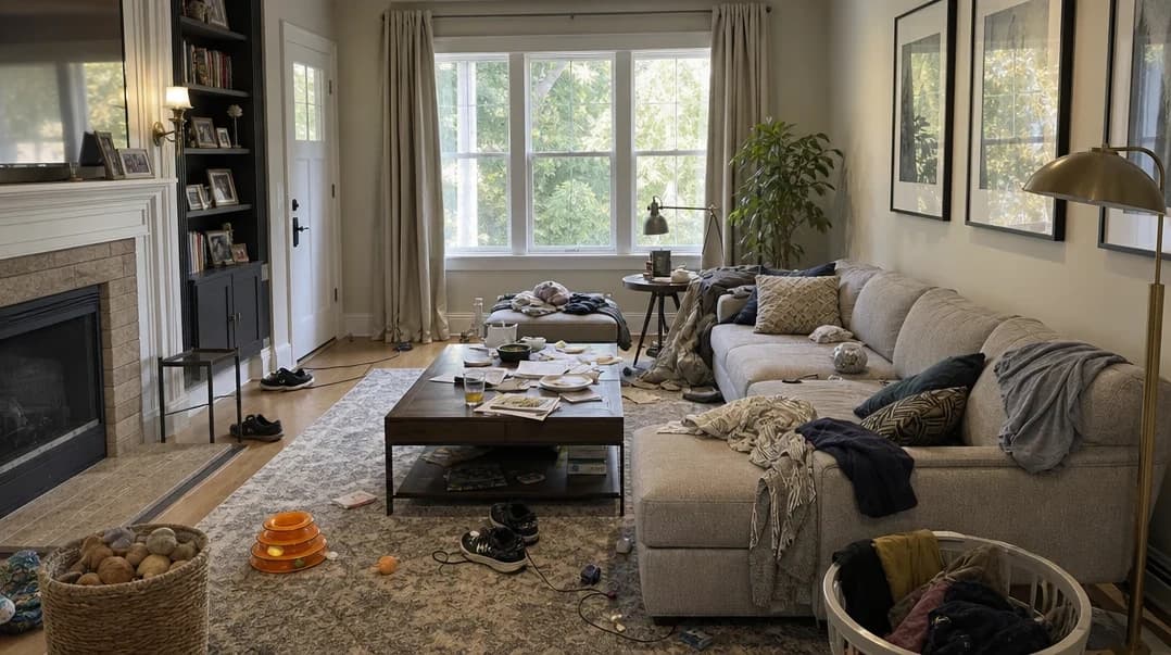Interior room with cluttered surfaces, personal items, and everyday objects in view