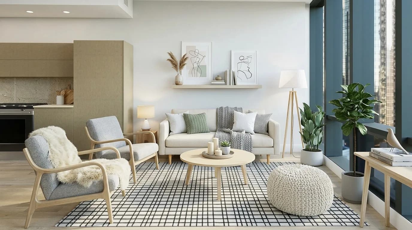 Staged living room still photo used as input for video generation
