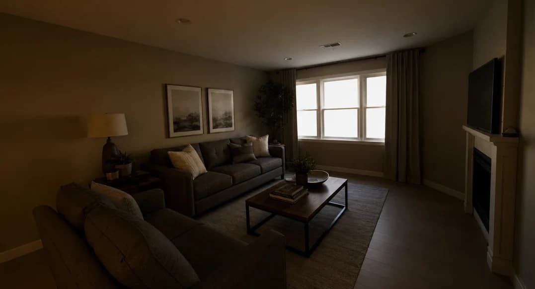 Dark interior room with poor exposure, flat colors, and dim natural light