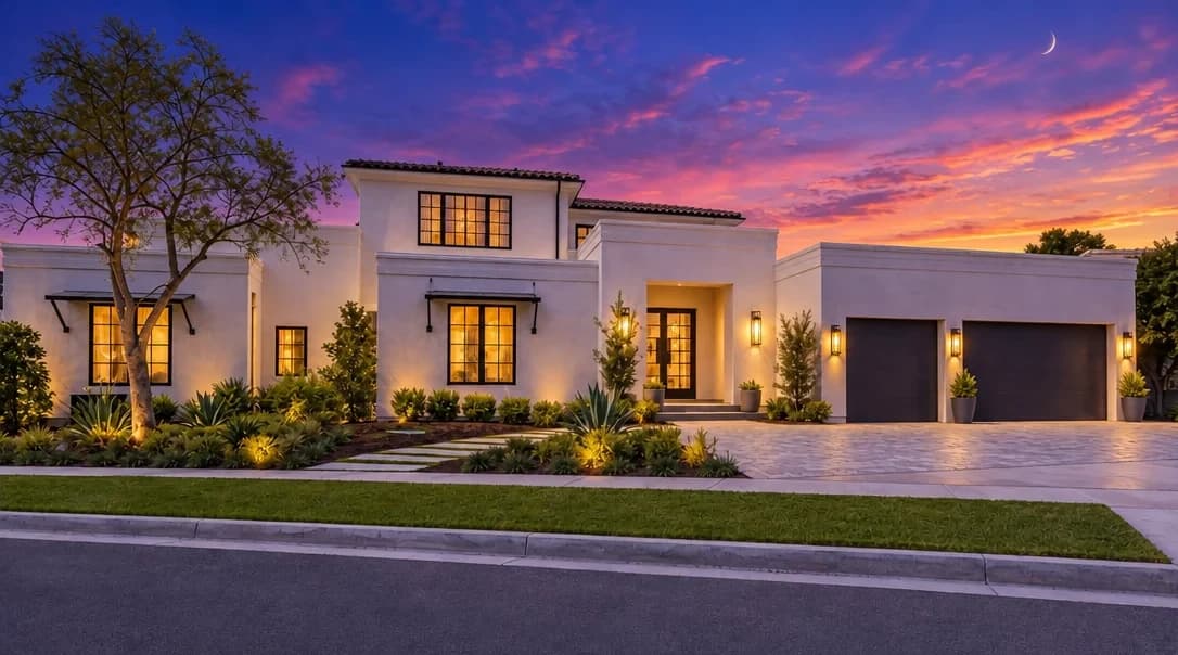 Same property transformed with a vivid twilight sky, warm windows, and atmospheric evening color