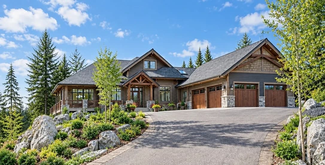Same property exterior converted to natural daytime lighting with blue skies and bright ambient light