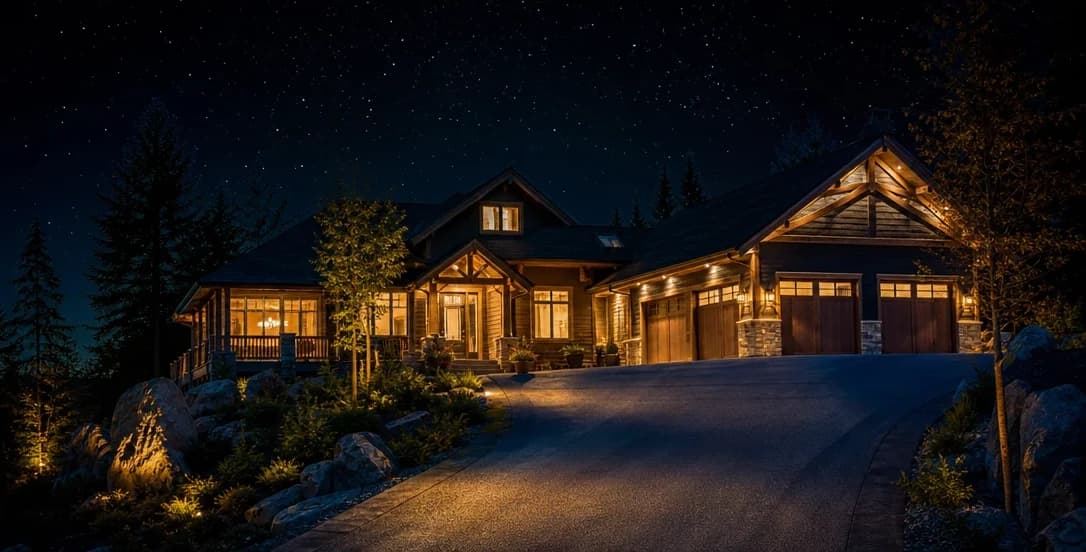 Property exterior photographed at night or in very low light with dark conditions