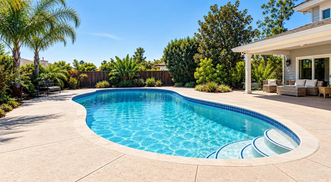 Same property exterior with pool filled with crystal-clear blue water, looking inviting and well-maintained