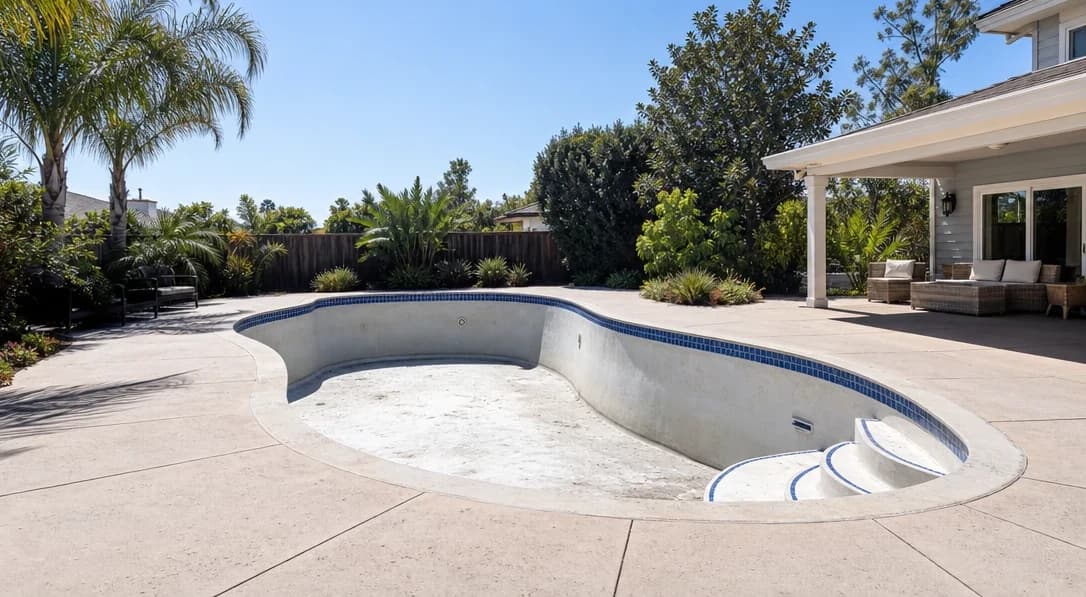 Property exterior with an empty or murky swimming pool in poor condition