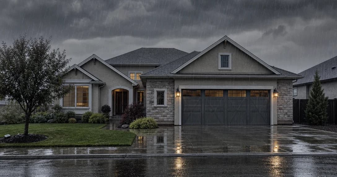 Property exterior photographed in rainy, overcast conditions with wet driveway