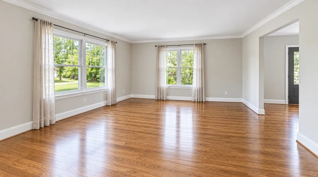 Same living room completely emptied showing clean carpet, bright white walls, and spacious open layout