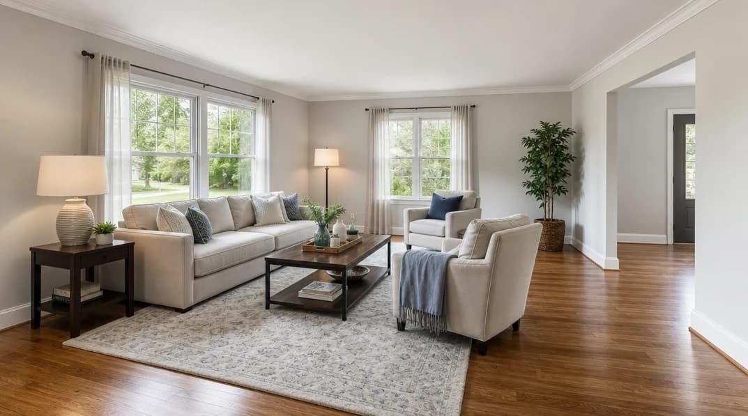 Furnished living room with green velvet sofa, ottoman, dining table, bookshelf, and personal items