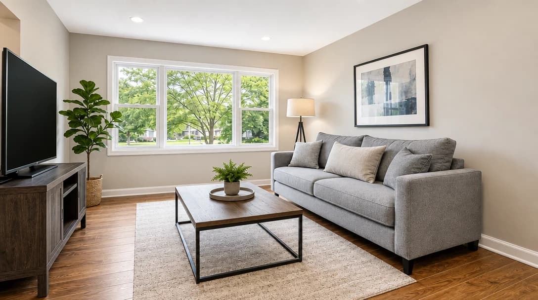Same interior property photo after targeted AI edits change furniture and decor