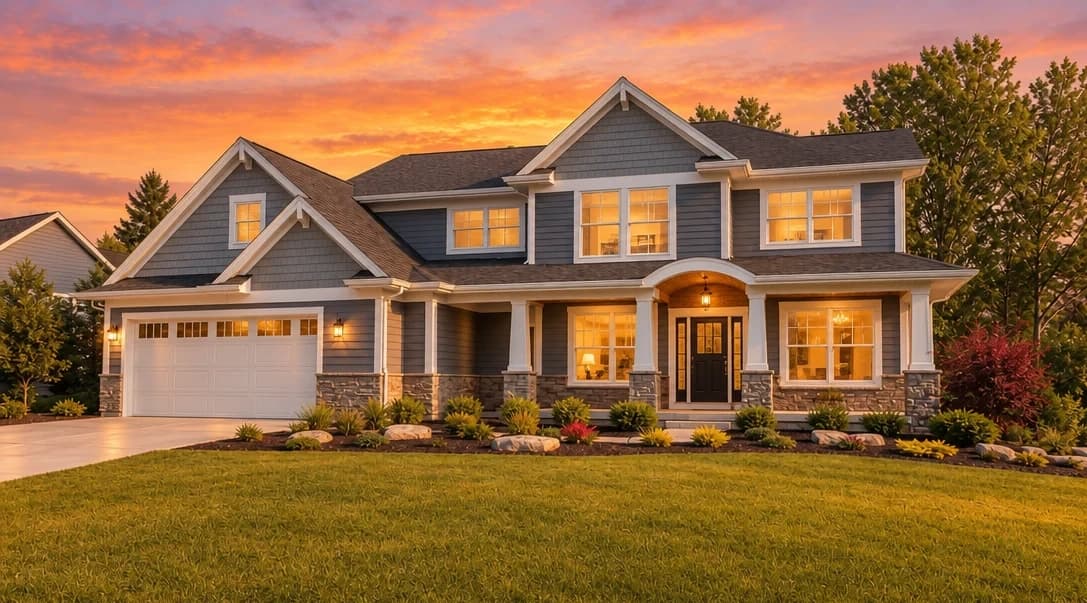 Same modern home transformed to dusk with warm interior glow from windows and dramatic sunset sky