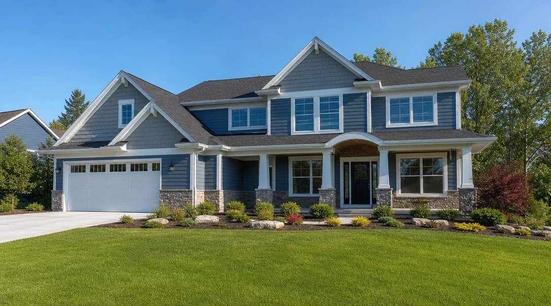 Modern home exterior in bright daytime with grey block driveway and large glass windows