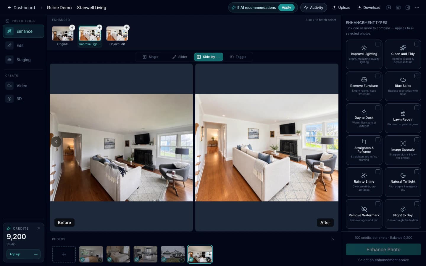 Before and after views of the same living room, with brighter lighting and tidier furnishings in the enhanced version