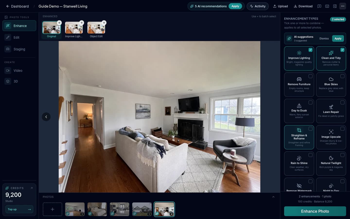 Original living room with two enhancement tiles selected and Enhance Photo enabled