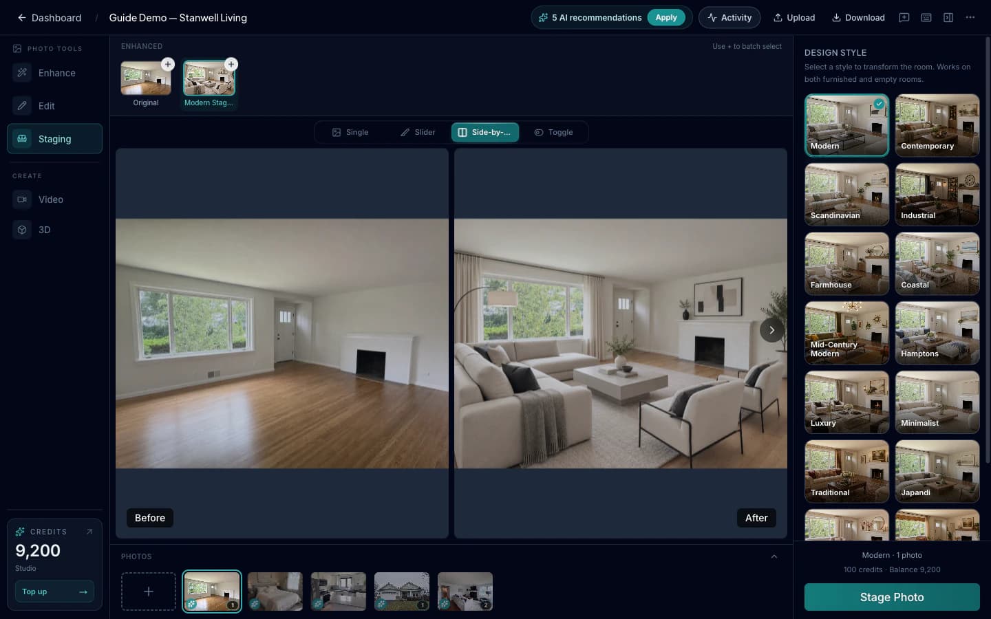 Side-by-side comparison of an empty living room and its Modern furnished version