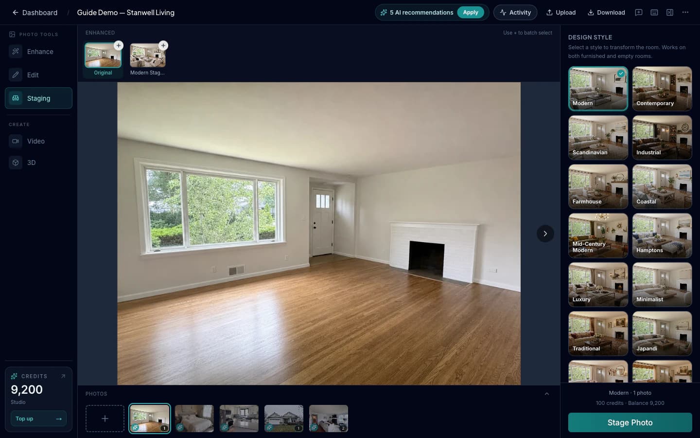 Empty living room in Studio with Modern checked in the staging style grid