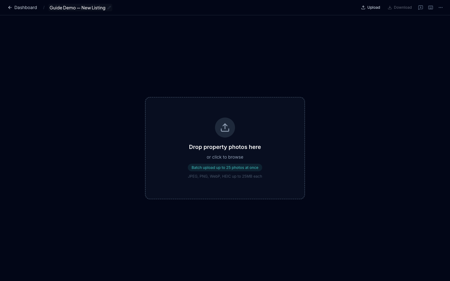Empty desktop Studio with the central photo upload drop zone and file limits