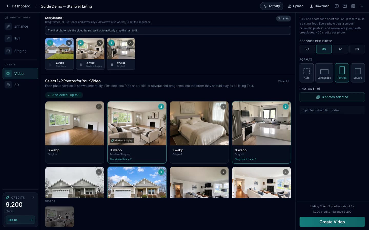 Video storyboard with exterior, staged living room, and kitchen selected; Portrait format, an approximately eight-second duration, and a 1,200-credit total