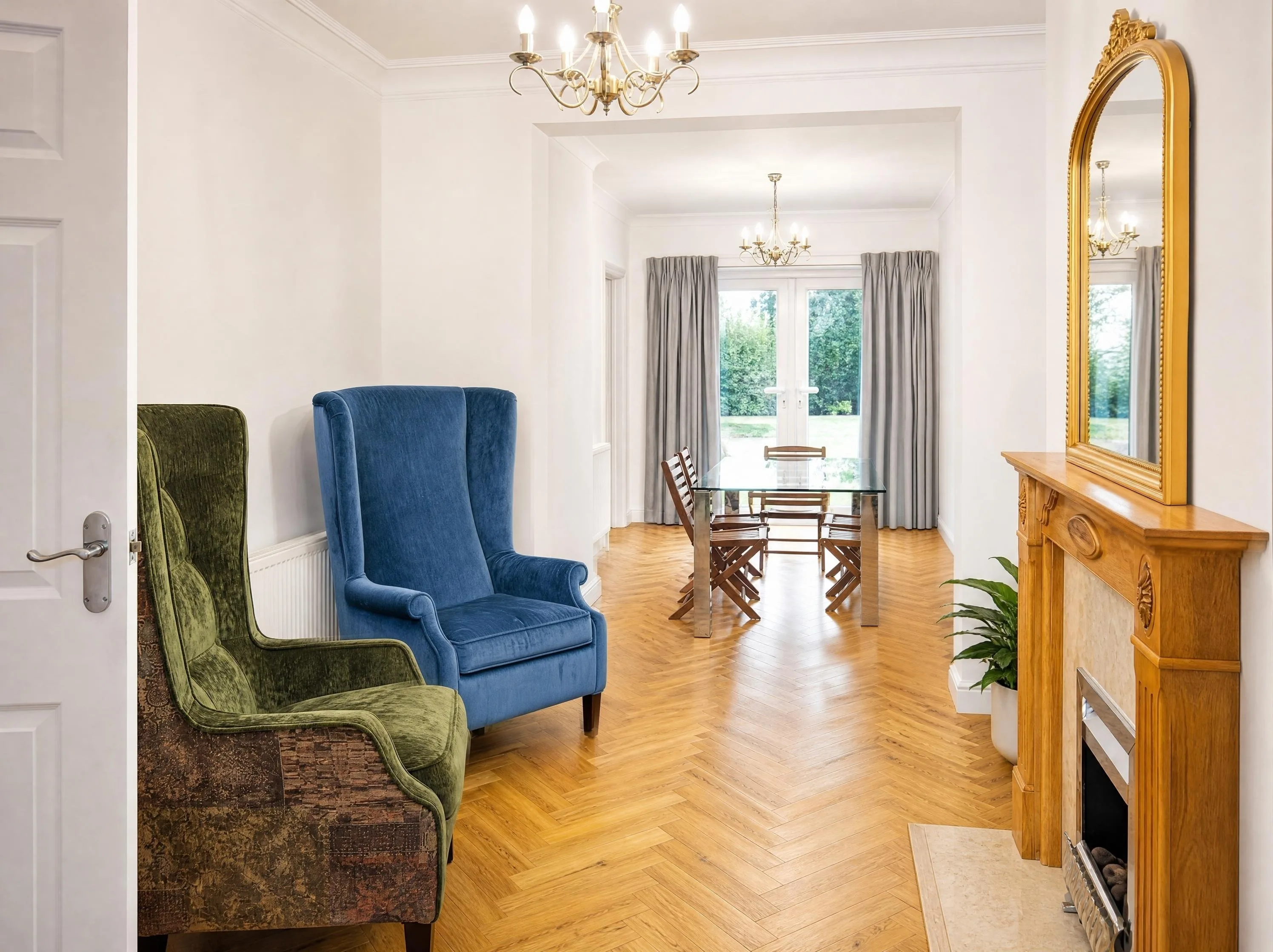 Same interior property photo after targeted AI edits change furniture and decor